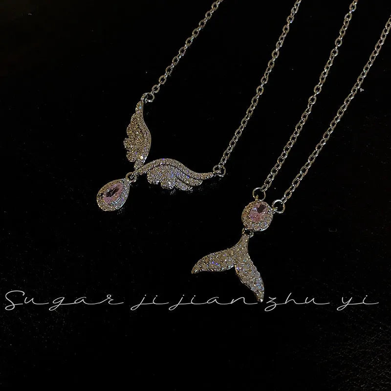 Women's S925 sterling silver necklace with fishtail pendant on O-ring chain, 41-50cm adjustable length