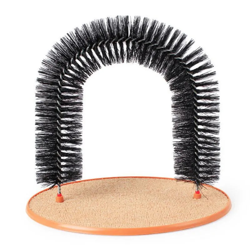 Plastic cat grooming arch with built-in brush bristles for scratching and rubbing