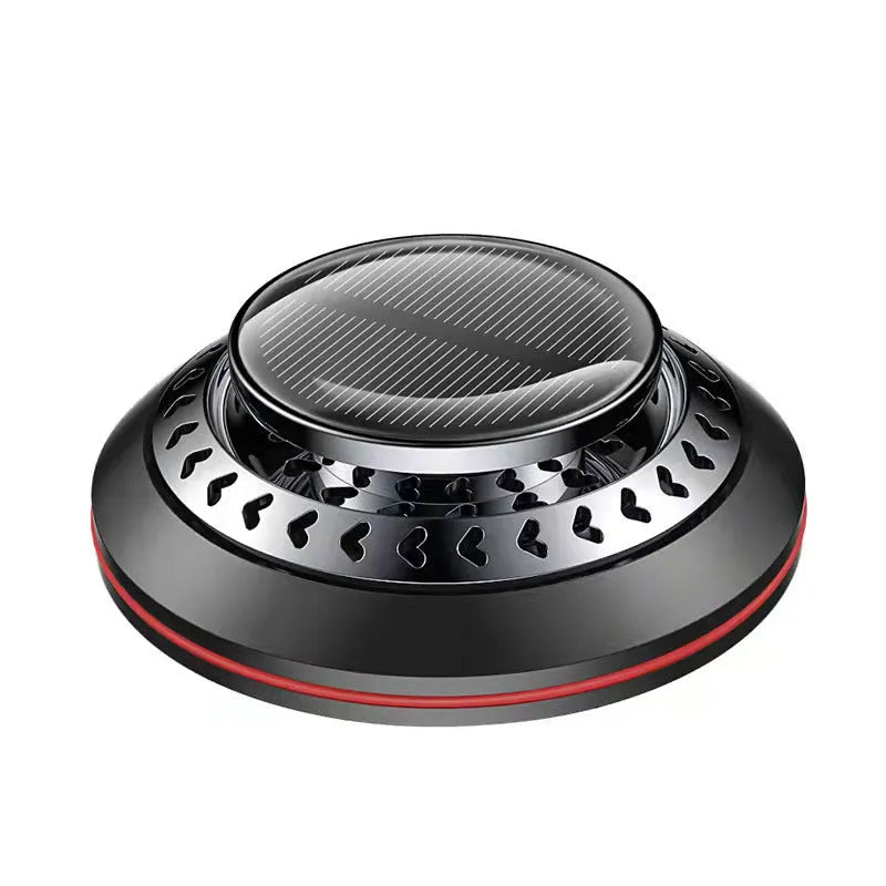Solar-powered aluminium car air freshener in black, red or silver with 80mm diameter