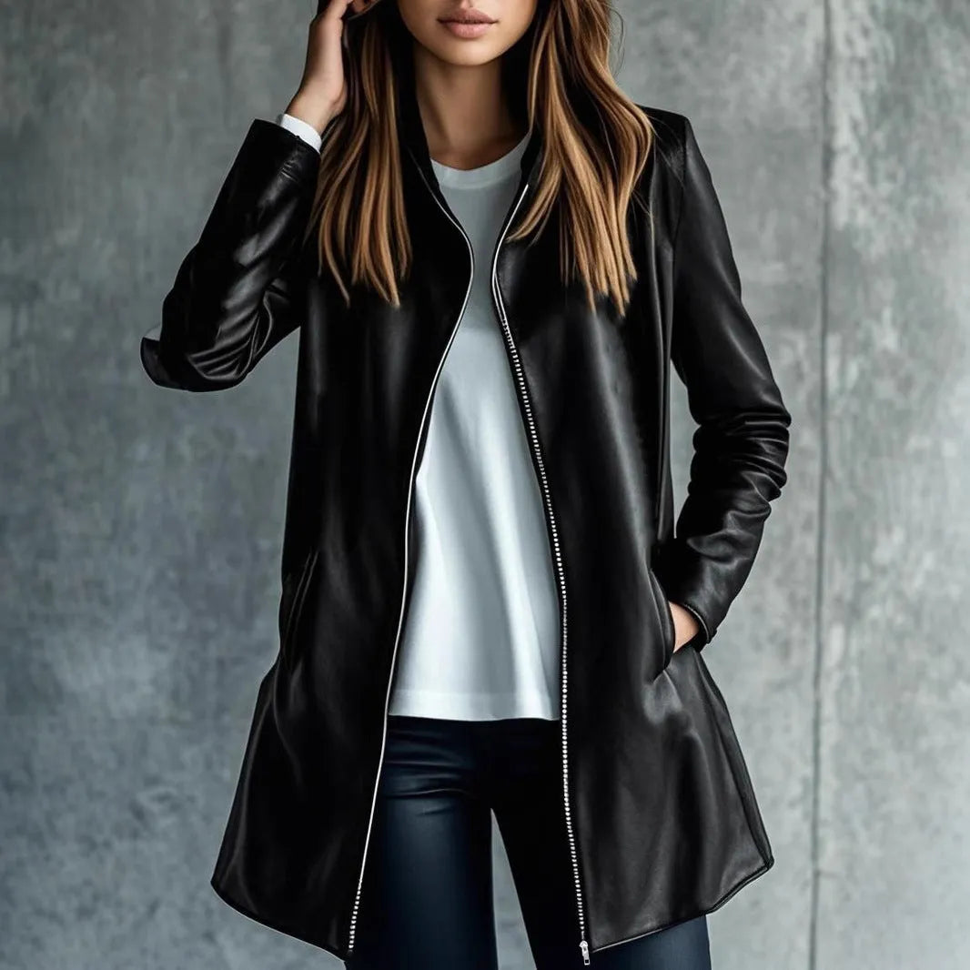 Women's black polyester leather jacket with medium length cut and long sleeves