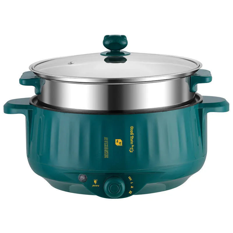 White electric non-stick pot with integrated heating element for steaming and frying