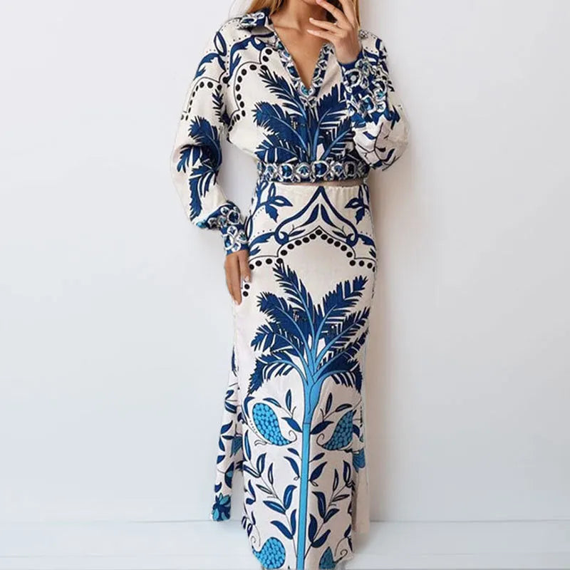 Women's casual two-piece co-ord set with long sleeves and long skirt for early spring wear