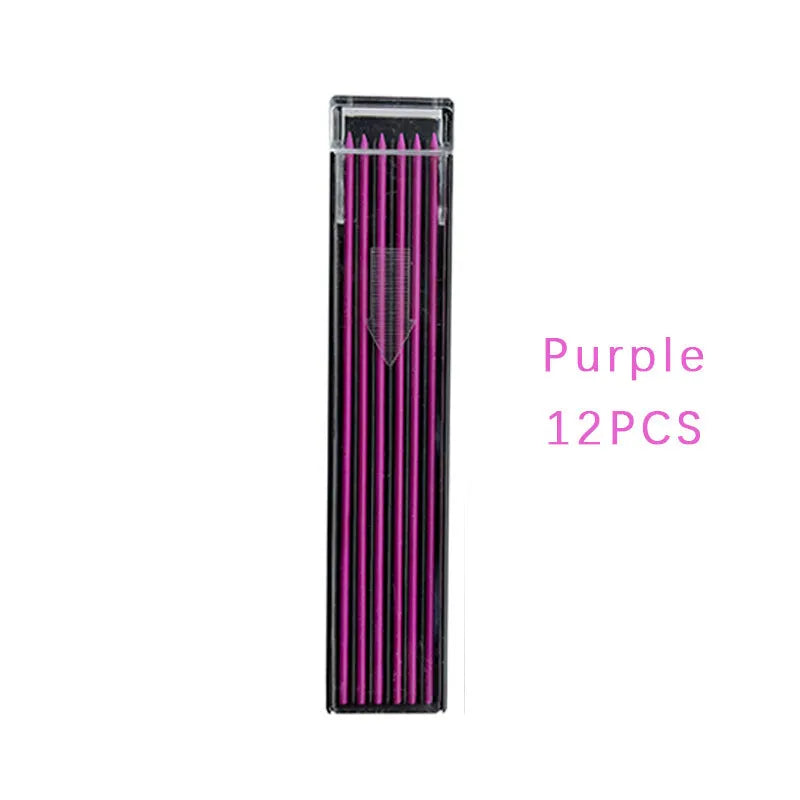 Plastic box containing 12 refill leads for a 0.5mm mechanical pencil in various colours.
