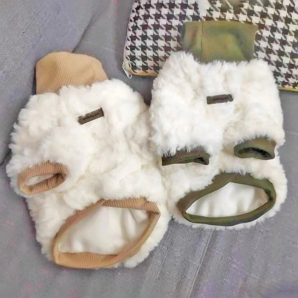 Turtleneck plush cotton-padded dog coat in high collar creamy green, sizes XS-XL for small and medium dogs