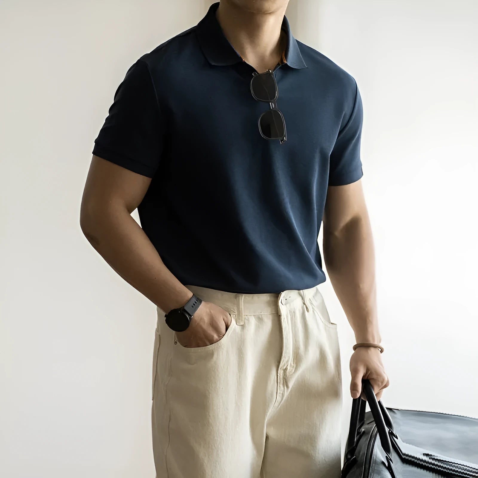 Blue short-sleeved cotton blend polo shirt on a hanger, showing regular fit and button placket.