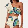 White women's one-shoulder swimsuit with double-layer lotus leaf design and high-leg split