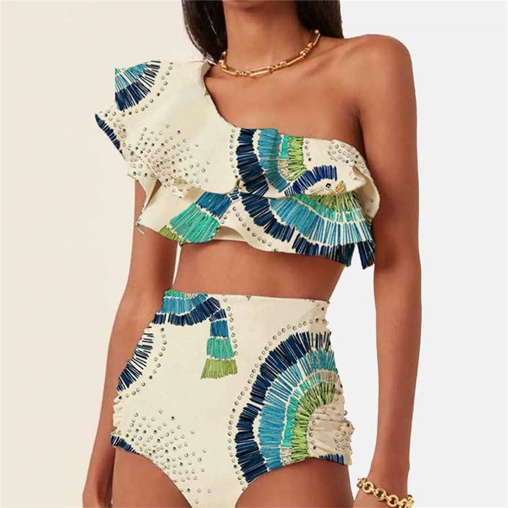 White women's one-shoulder swimsuit with double-layer lotus leaf design and high-leg split