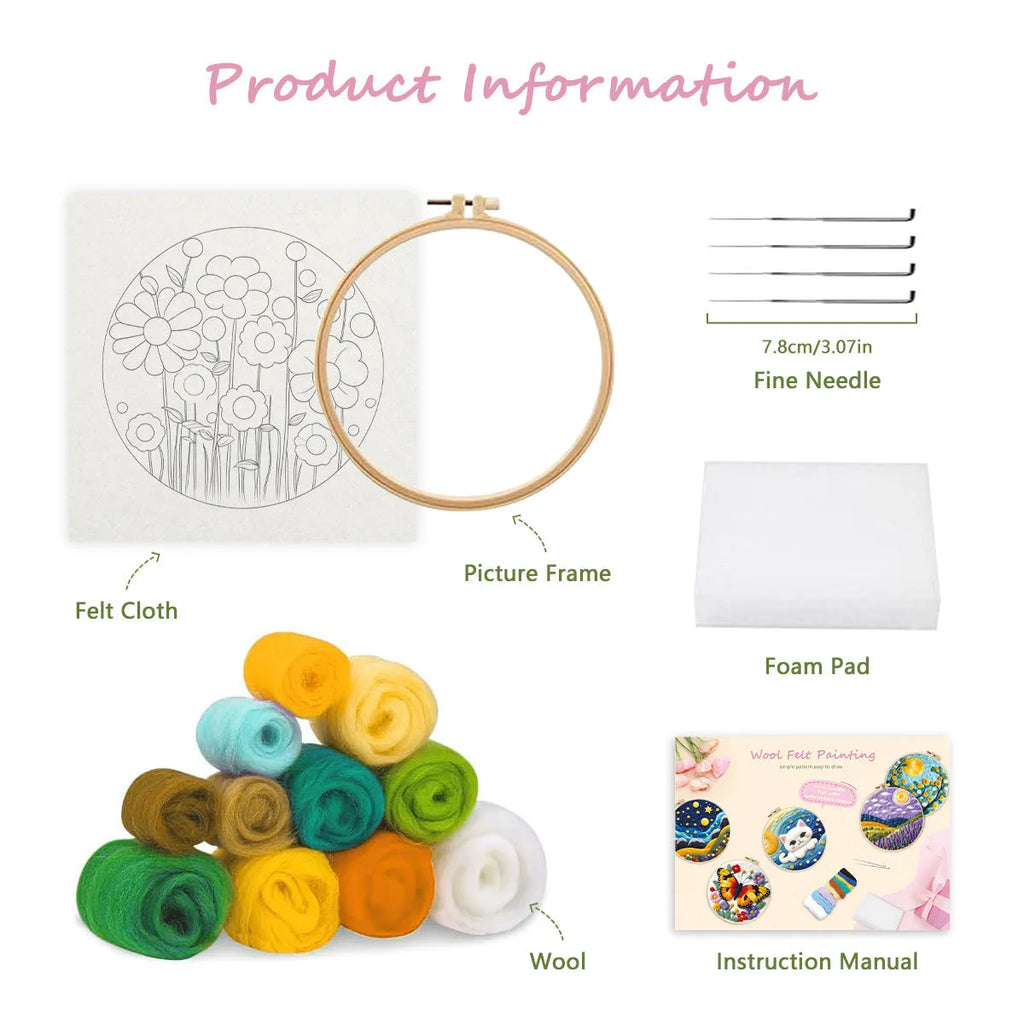 Round linen embroidery kit with wool felt pieces and embroidery frame for 3D blanket painting