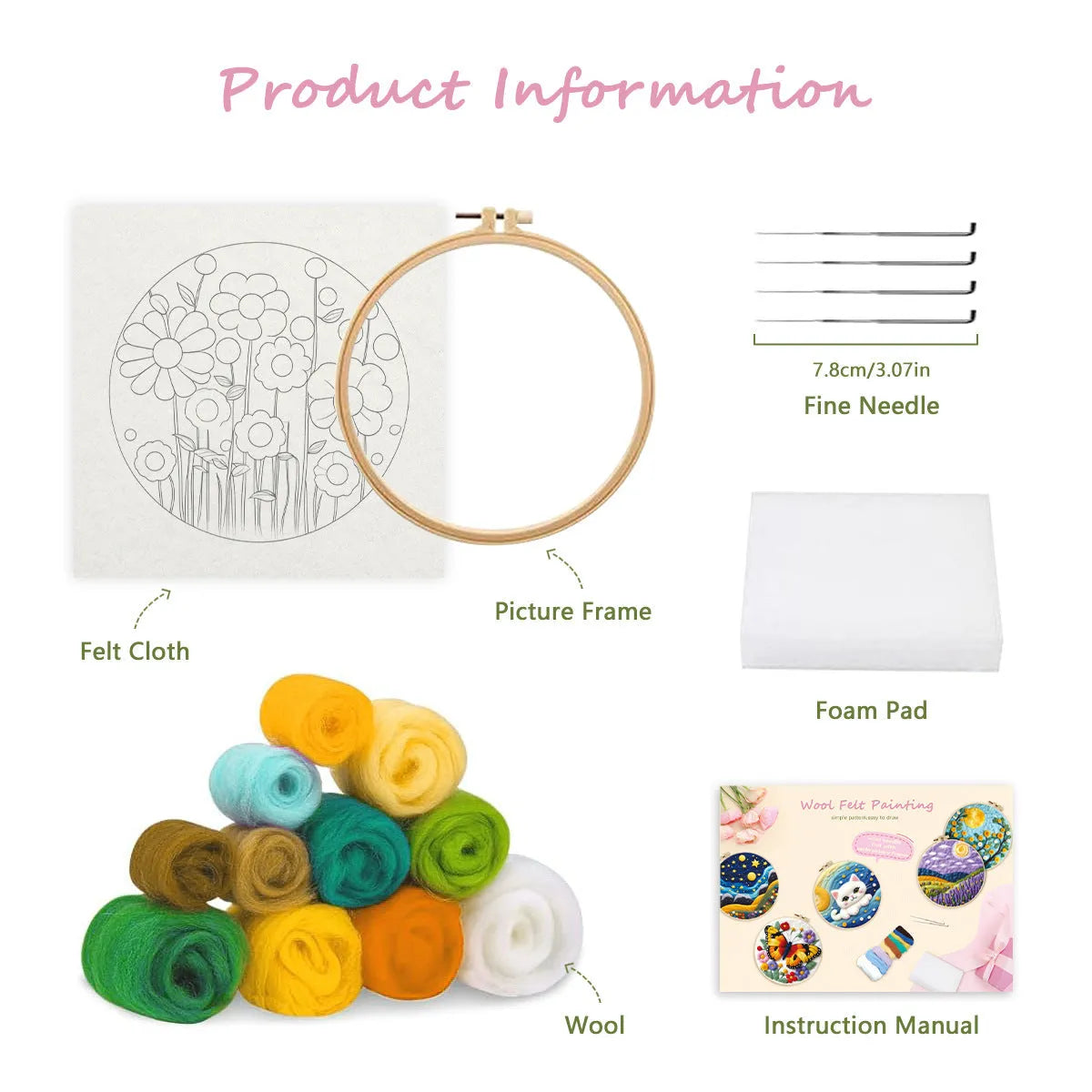 Round linen embroidery kit with wool felt pieces and embroidery frame for 3D blanket painting