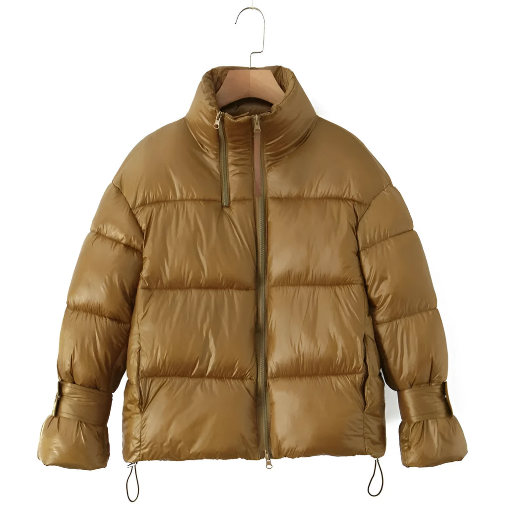 Gold women's puffer coat with stand-up collar and double zipper, straight fit, polyester outer, cotton filling