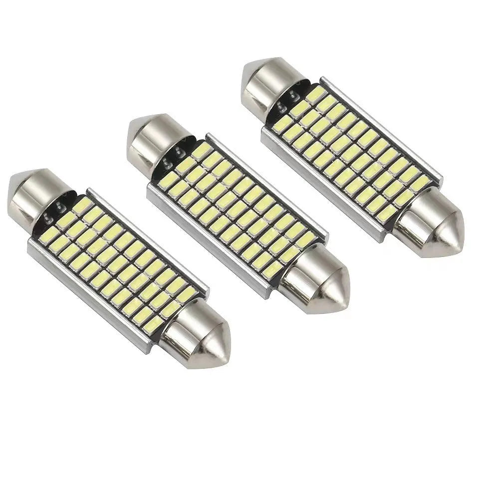 White aluminium double tip car interior roof light shown in four available size options.