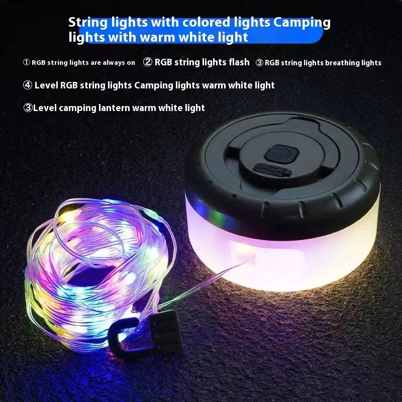 Close-up of rechargeable outdoor LED string lights with 30 beads on an 8m PC ABS cord, showing warm white and colourful light options.