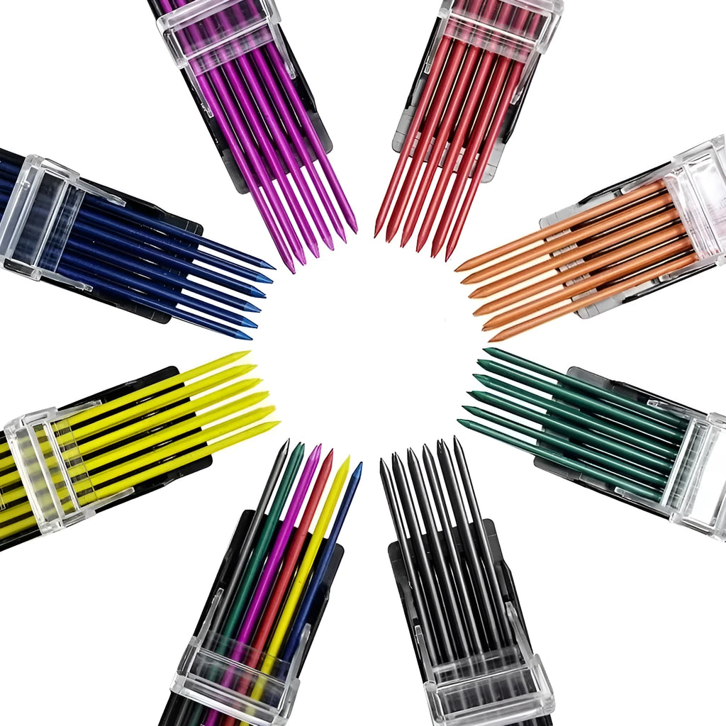 Plastic box containing 12 refill leads for a 0.5mm mechanical pencil in various colours.