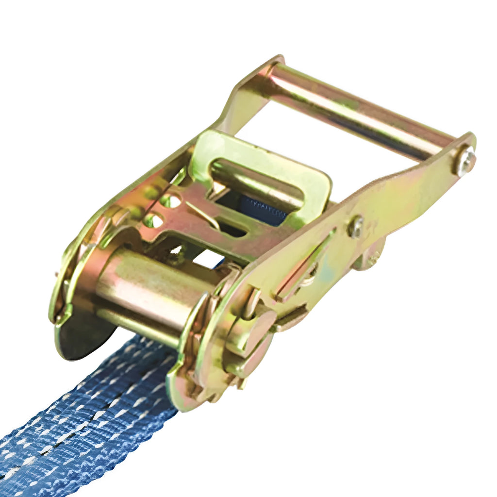 Steel ratchet tensioner strap with double triangle hooks and polyester webbing for furniture and cargo securing
