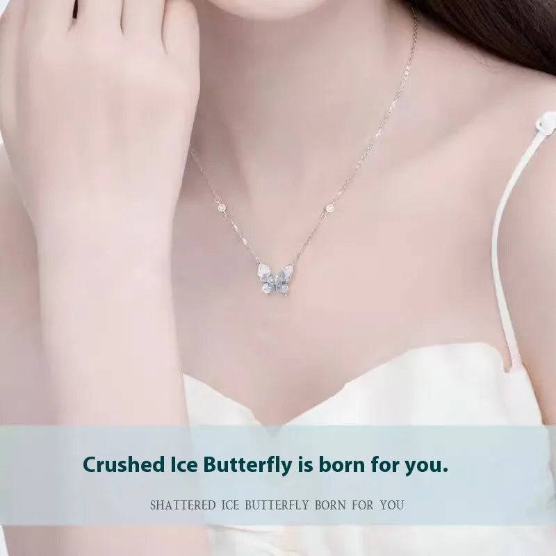 S925 silver necklace with ice rain butterfly pendant on adjustable O-ring chain