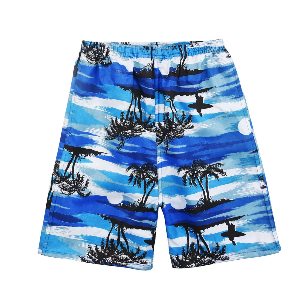 Men's floral printed five-point swimming trunks in a free size on a white background.