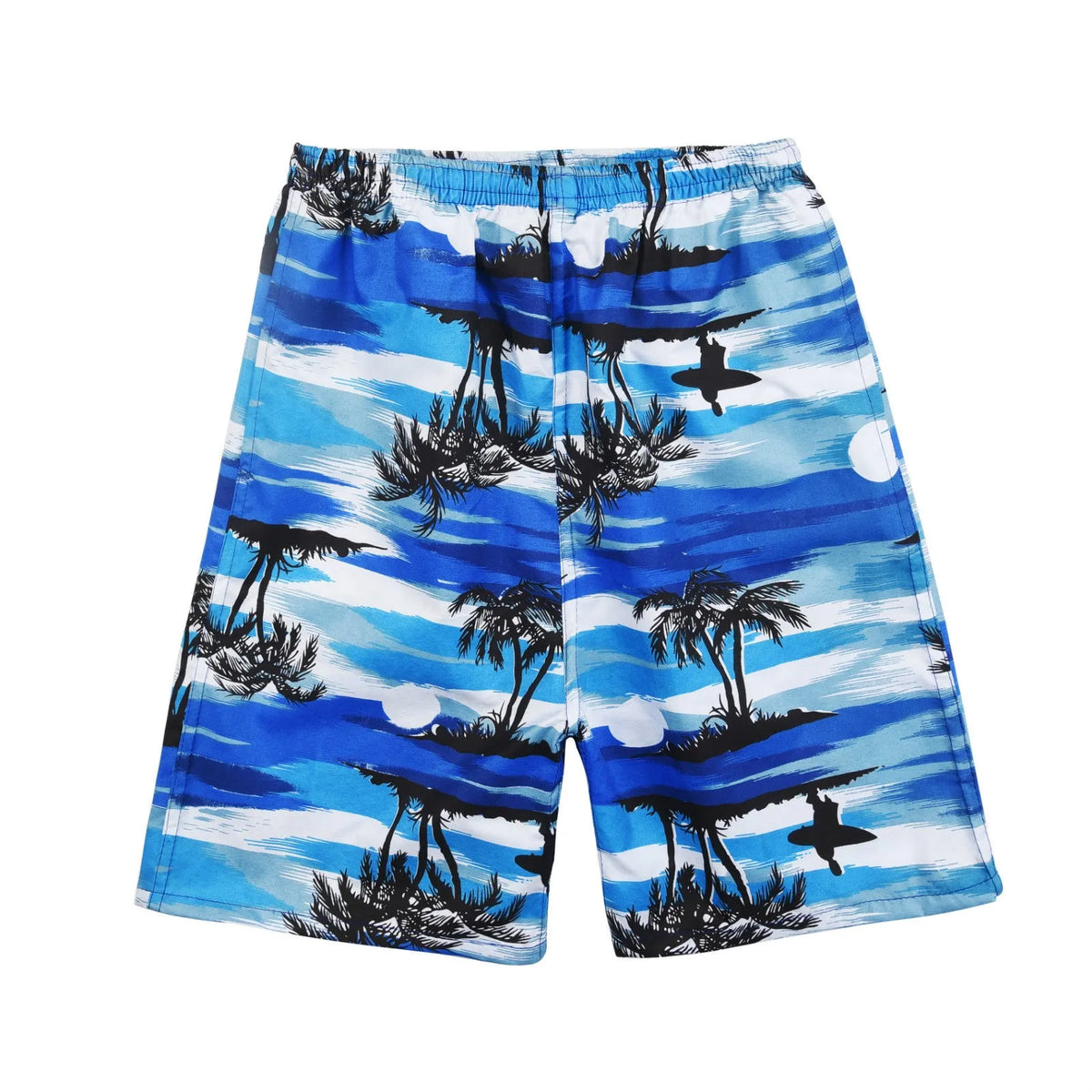Men's floral printed five-point swimming trunks in a free size on a white background.