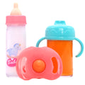 Magic bottle nipple doll toy accessory set in plastic for 14-18 inch dolls, available in pony pink or bear blue combination.