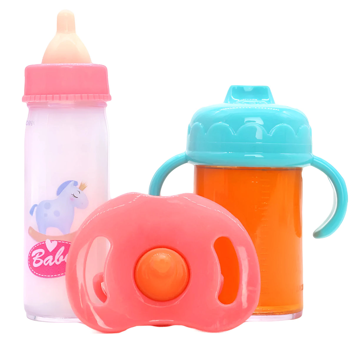 Magic bottle nipple doll toy accessory set in plastic for 14-18 inch dolls, available in pony pink or bear blue combination.