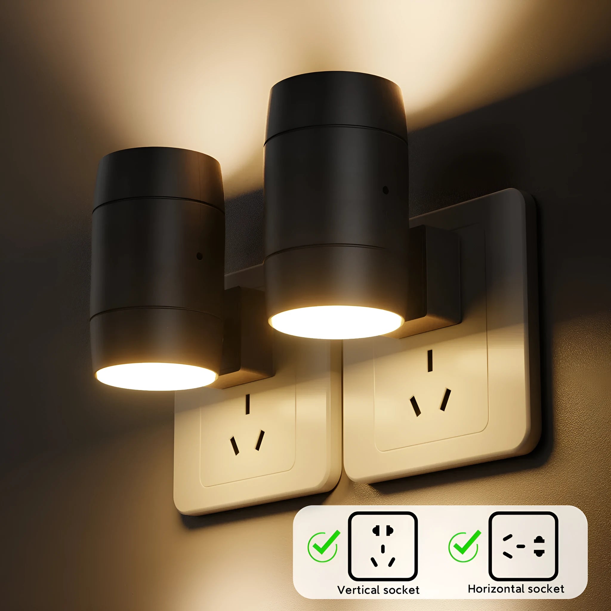 Small white plug-in night lamp with adjustable head shown in a UK wall socket