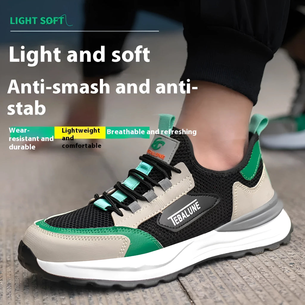 Black green plastic steel toe safety overshoes with large mesh panels and low-top design