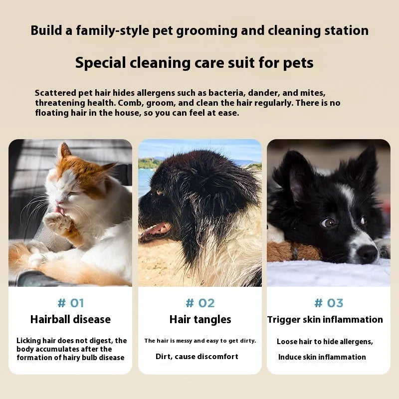 Pink and white multifunctional pet hair vacuum cleaner with electric shaver attachment and accessories.
