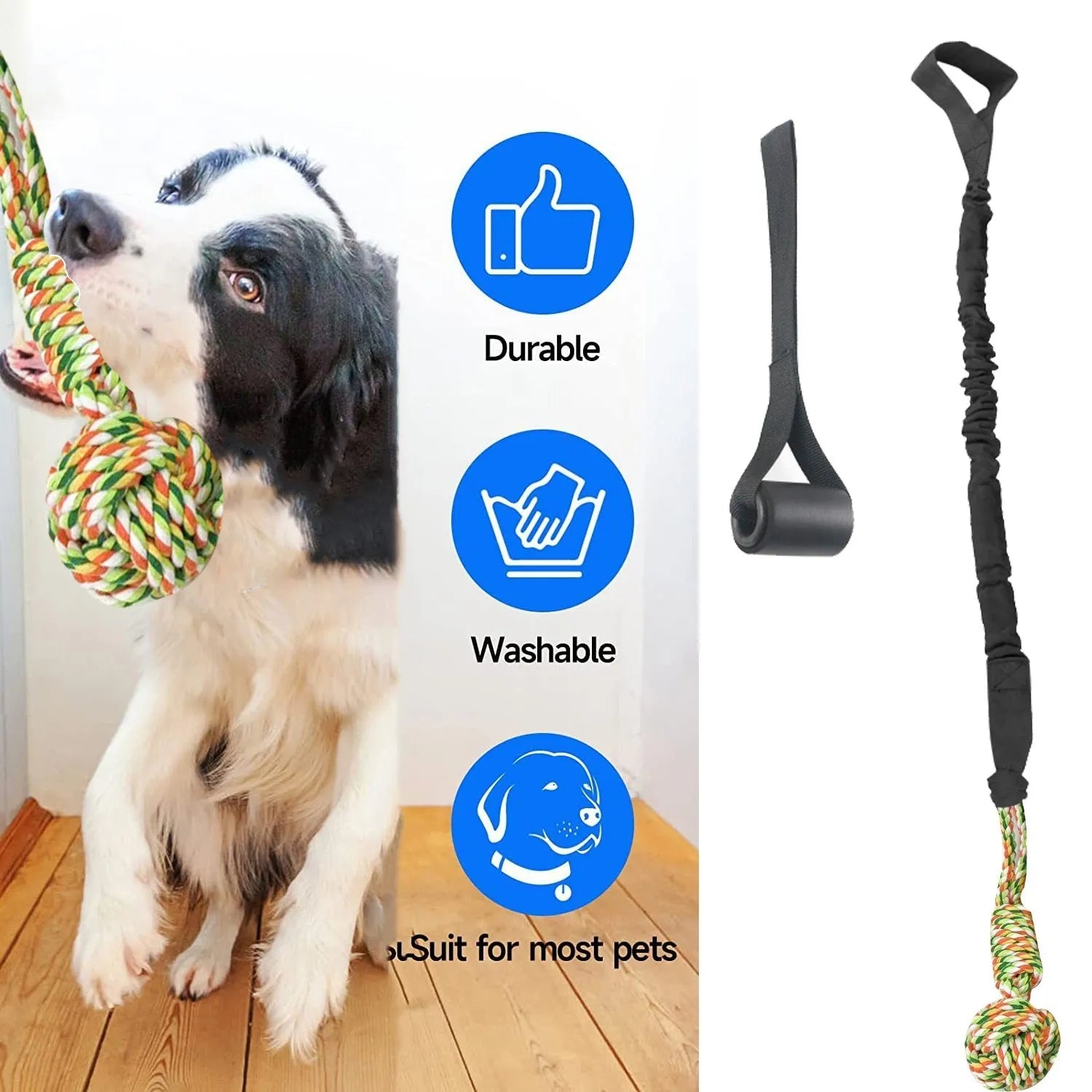 Dog tug of war rope toy made from twisted cotton thread in black, grey, and red colour options
