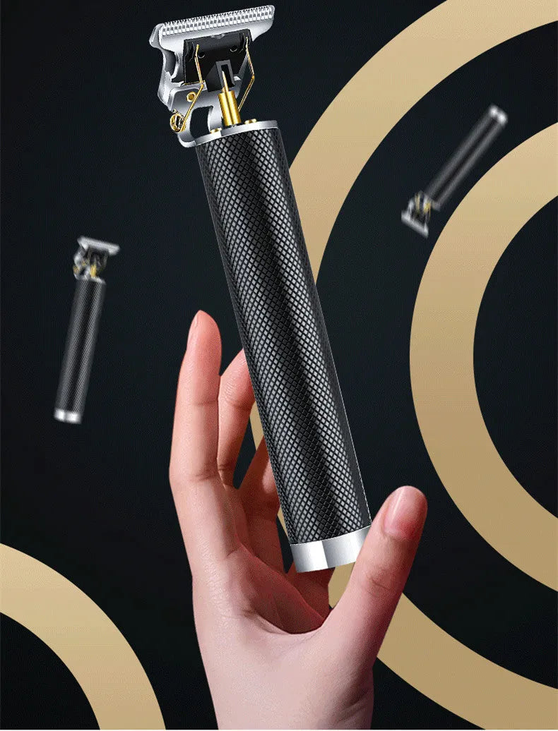 Black USB rechargeable electric hair clipper with gold steel blades and four comb attachments
