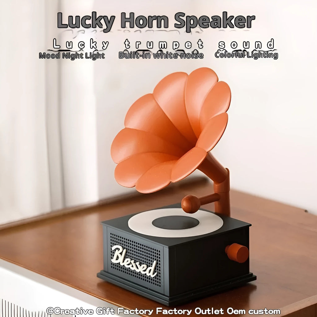 Retro Bluetooth speaker with white noise, 36 x 120 x 200 mm, available in Black And Red, Gray White, and Lotus Pink.