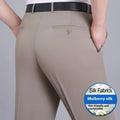 Men's straight-cut non-iron business trousers in a mulberry silk blend fabric on a hanger.