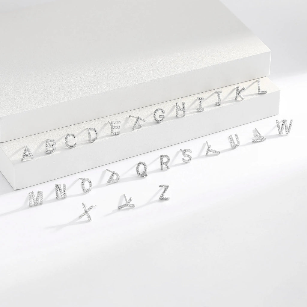 Pair of 925 silver English letter ear studs with electroplated gold or platinum colour finish for women