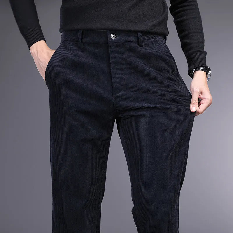 British retro striped trousers for men in straight leg style with chemical fibre blend fabric