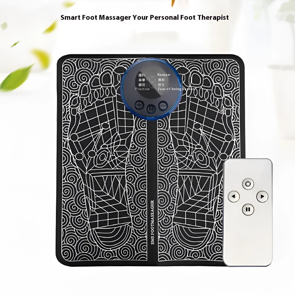Pulse micro-current foot massage cushion in English style colour with remote control on leather surface