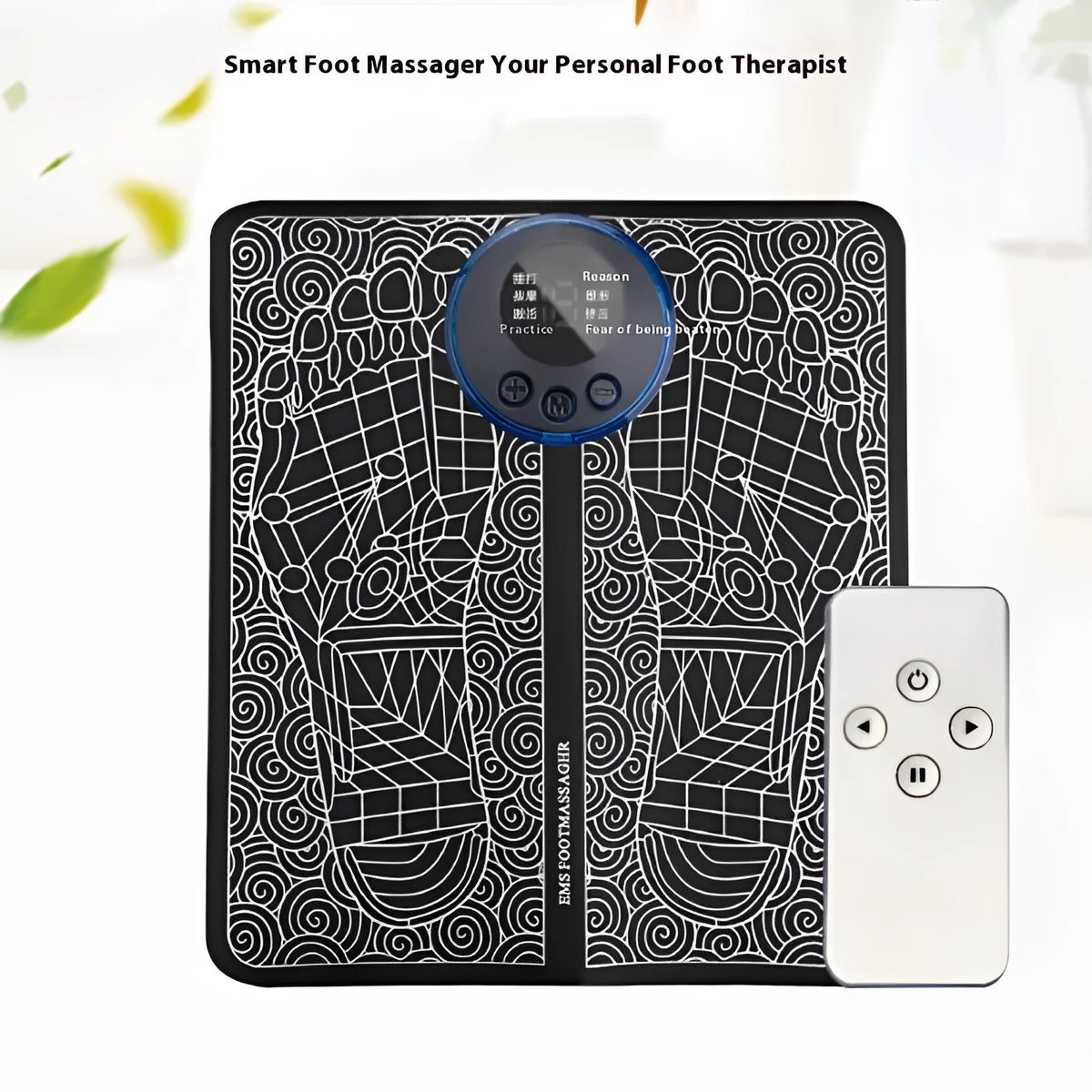 Pulse micro-current foot massage cushion in English style colour with remote control on leather surface
