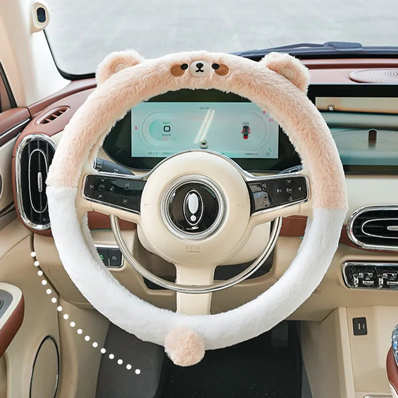 Plush cartoon animal embroidered steering wheel cover with rabbit fur, for winter.
