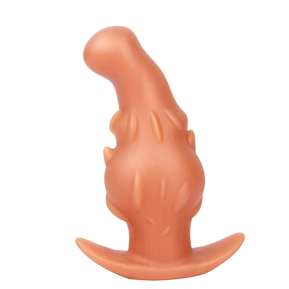 Purple, gold, and black unisex silicone masturbator adult toy in S, M, L, XL sizes.