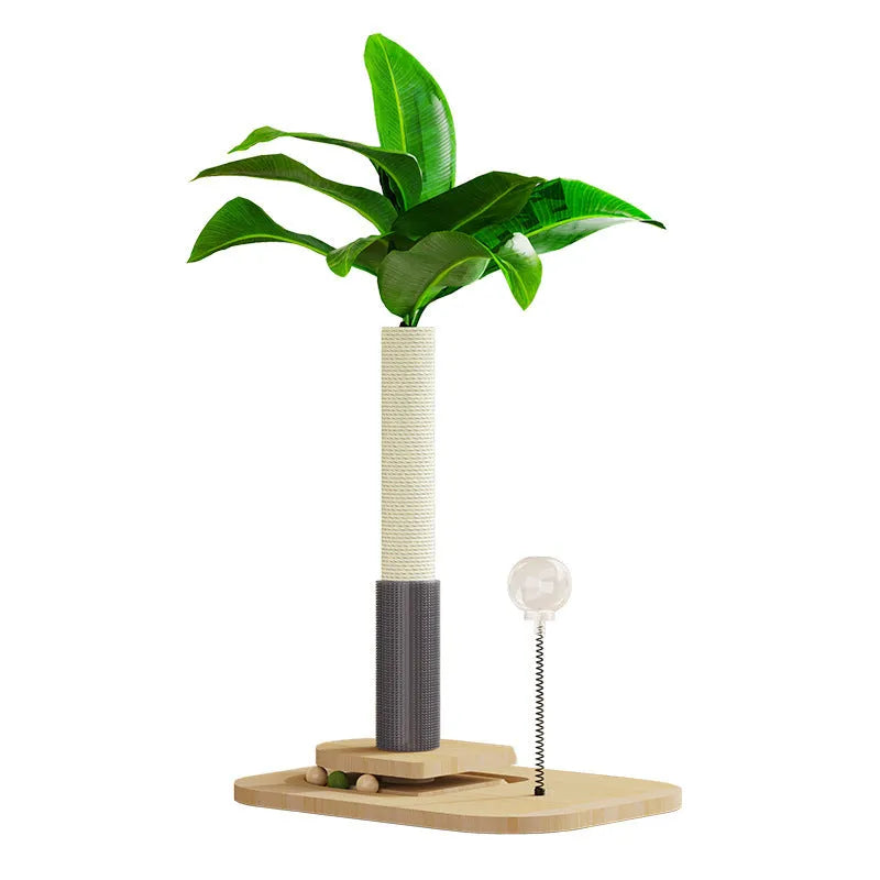 Wooden vertical cat scratching post in a canna colour on a simple base.