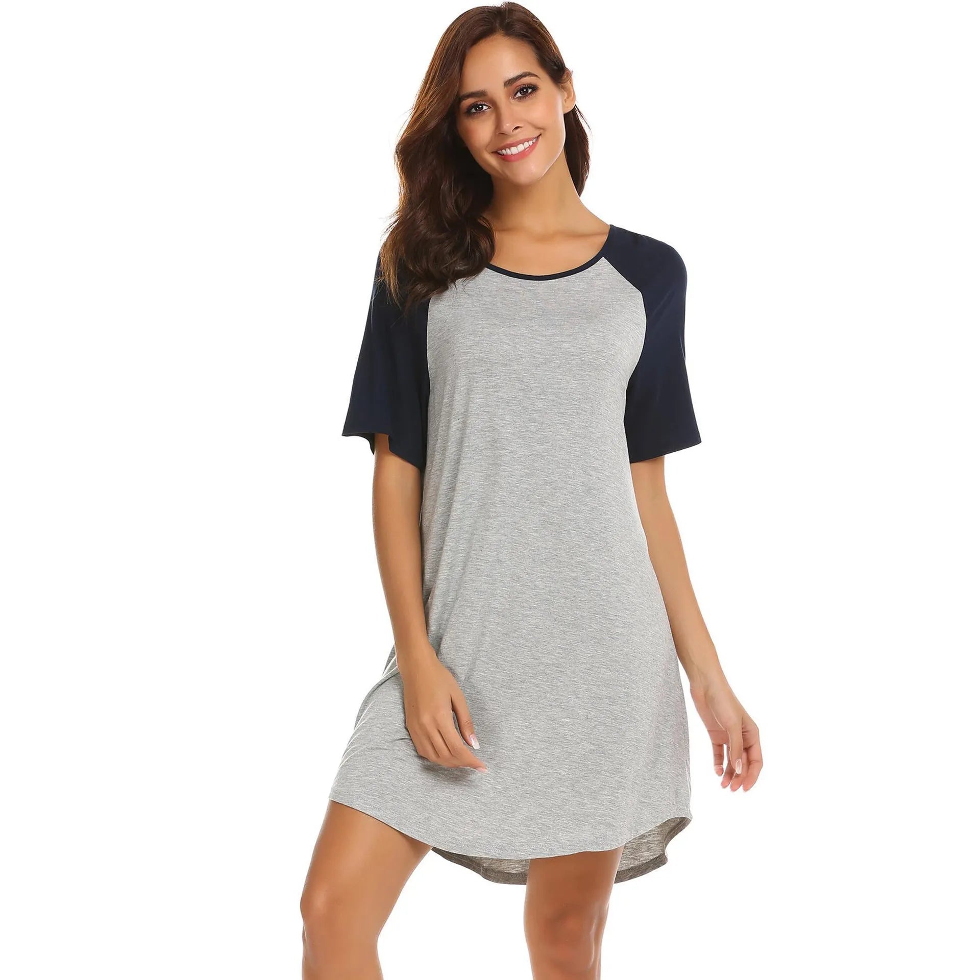 Women's double brushed milk silk nightdress with patchwork colour contrast sleeves on a hanger.