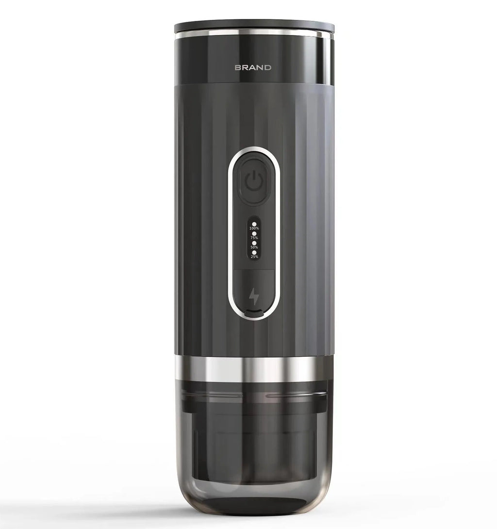 Black portable coffee machine for car use and outdoor camping with wireless operation