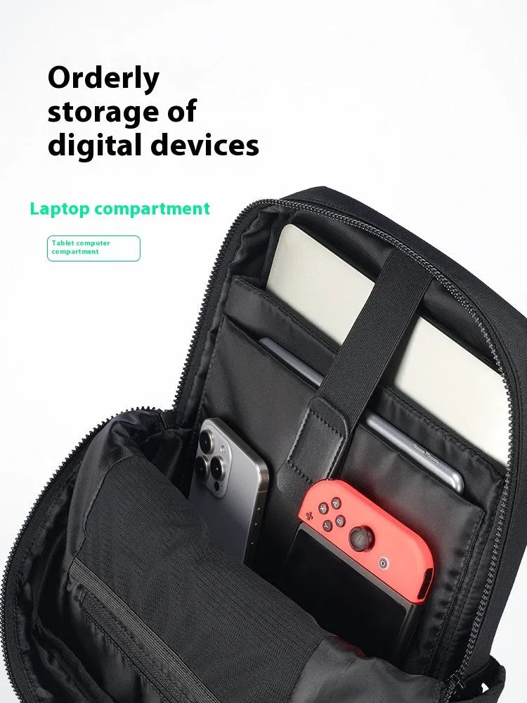 Black Oxford cloth computer backpack showing main compartment and 20-35 litre capacity.
