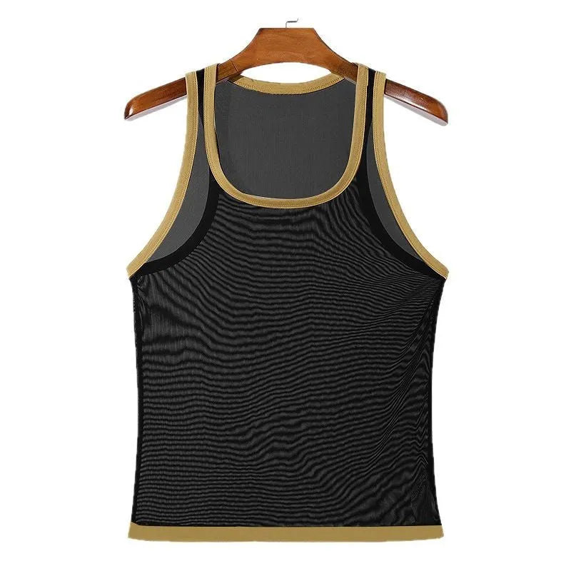 Men's black polyester mesh fitness vest with sleeveless design and straight hem laid flat.