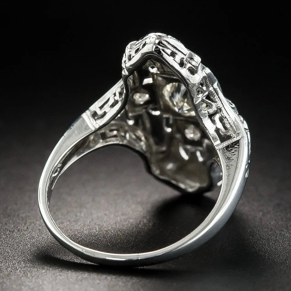 Geometric hollow out silver ring with diamond stud accents on copper base