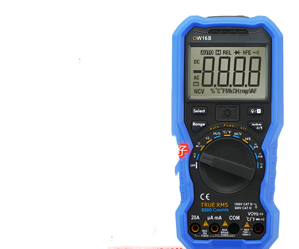 Handheld digital multimeter on a workbench with test leads, showing a large LCD display.
