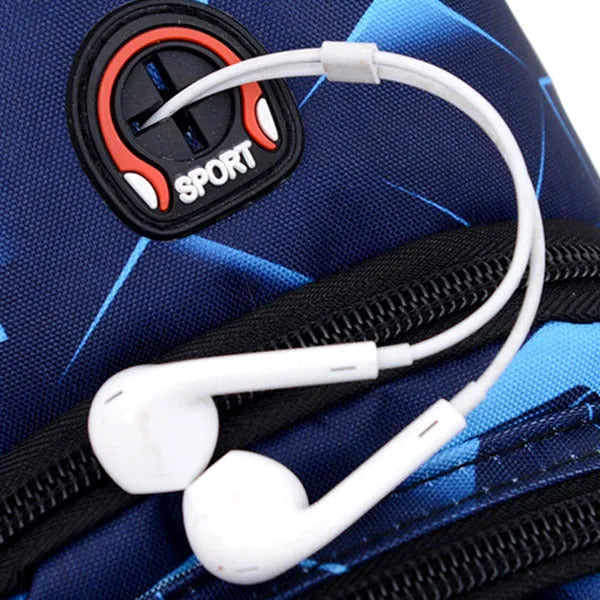 Men's medium blue Oxford cloth crossbody bag showing earphone hole and zipper opening.