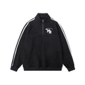 Black retro sports hoodie with stand collar and long sleeves