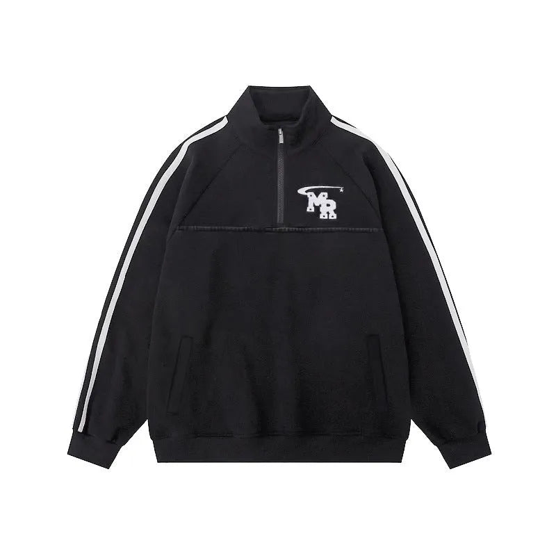 Black retro sports hoodie with stand collar and long sleeves