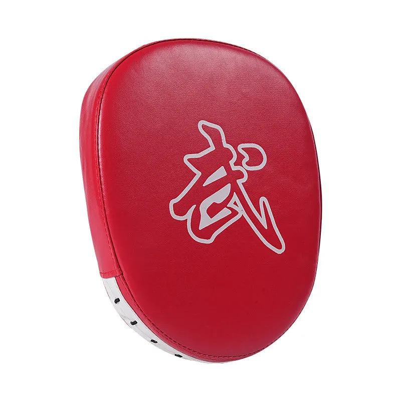 PU leather boxing punch mitts for martial arts training in red, black, blue, and yellow colour options.