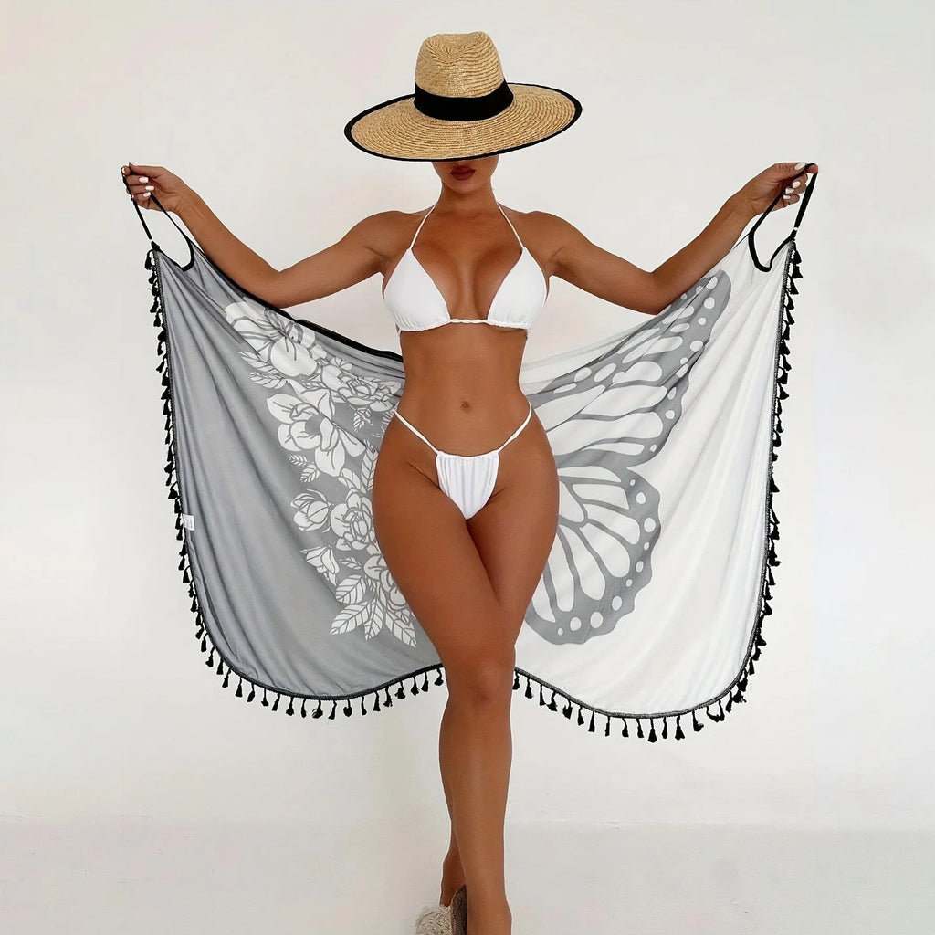 Women's cartoon print mesh bikini swimsuit with spandex lining in Black and White