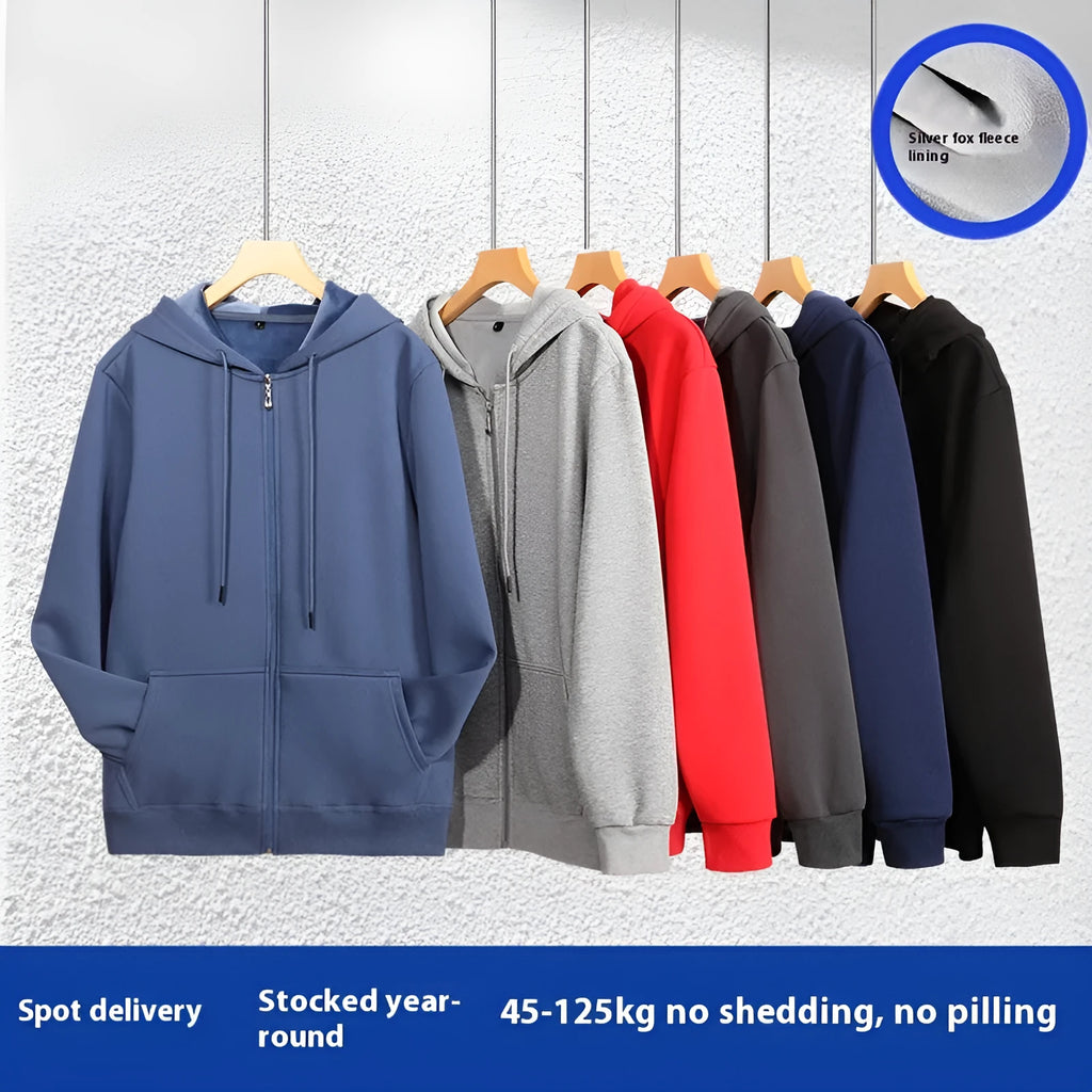 Plus size man wearing a beige zip-up hooded cardigan sweater with kangaroo pockets