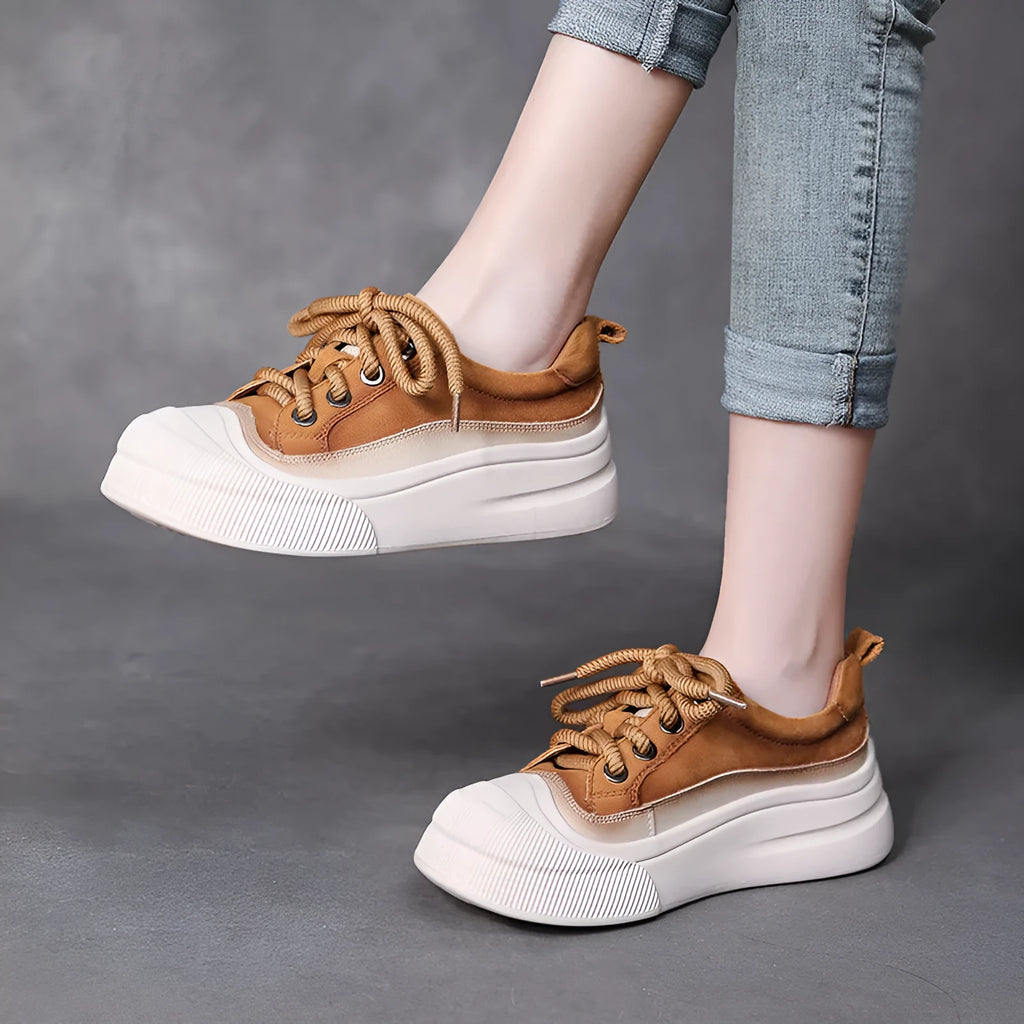 Women's lace-up casual leather shoes in yellow and cameo brown colours with round toe design
